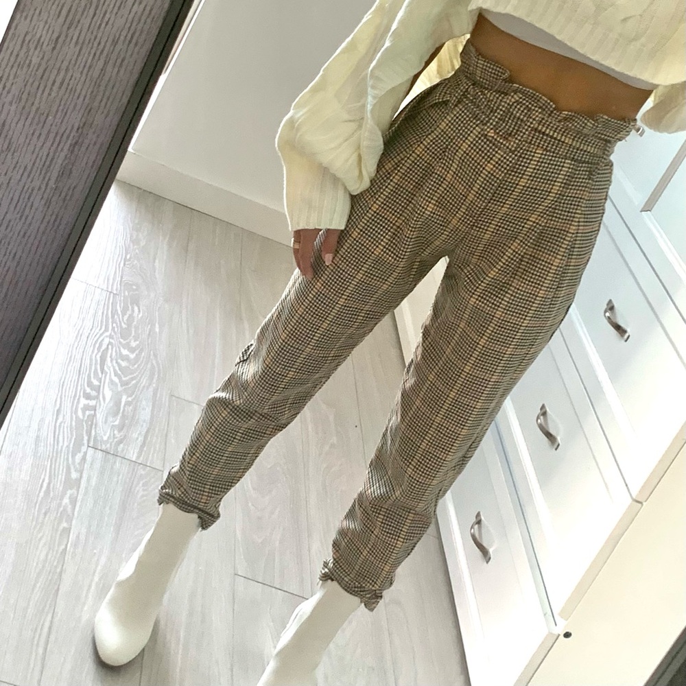 Bershka Paperbag High Waist Belted Brown Checkered Cropped Pant NEW 00 (XXS)